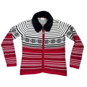 Vtg Villager Sport Petite M Fair Isle Sweater Faux Fur Collar Full Zip Holiday